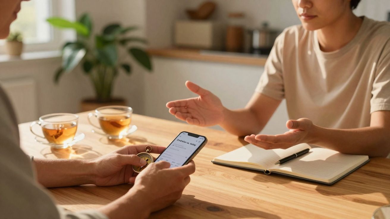 Duas pessoas sentadas à mesa, uma com telemóvel e outra a gesticular com caderno aberto e chá ao lado.