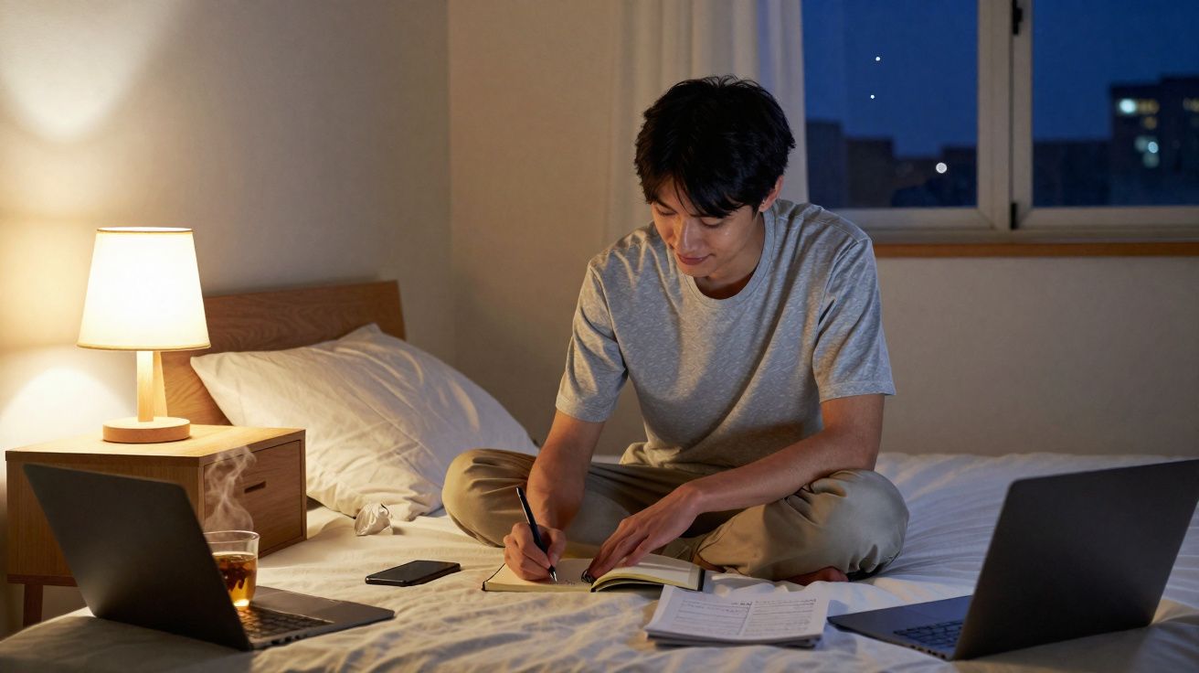 Jovem sentado na cama à noite, a escrever num caderno, rodeado por dois computadores portáteis e um chá quente.