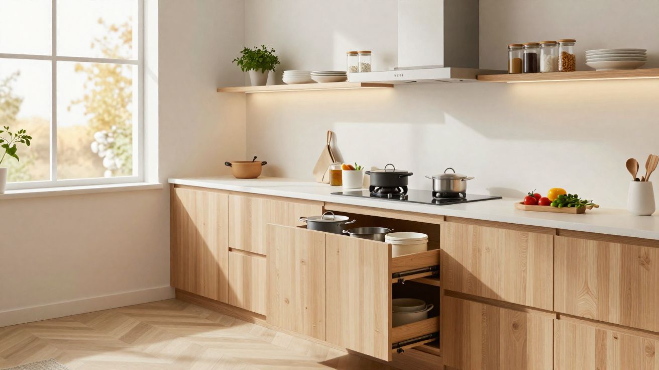 Cozinha moderna com armários de madeira claros, panelas em gavetas abertas e utensílios sobre a bancada branca.