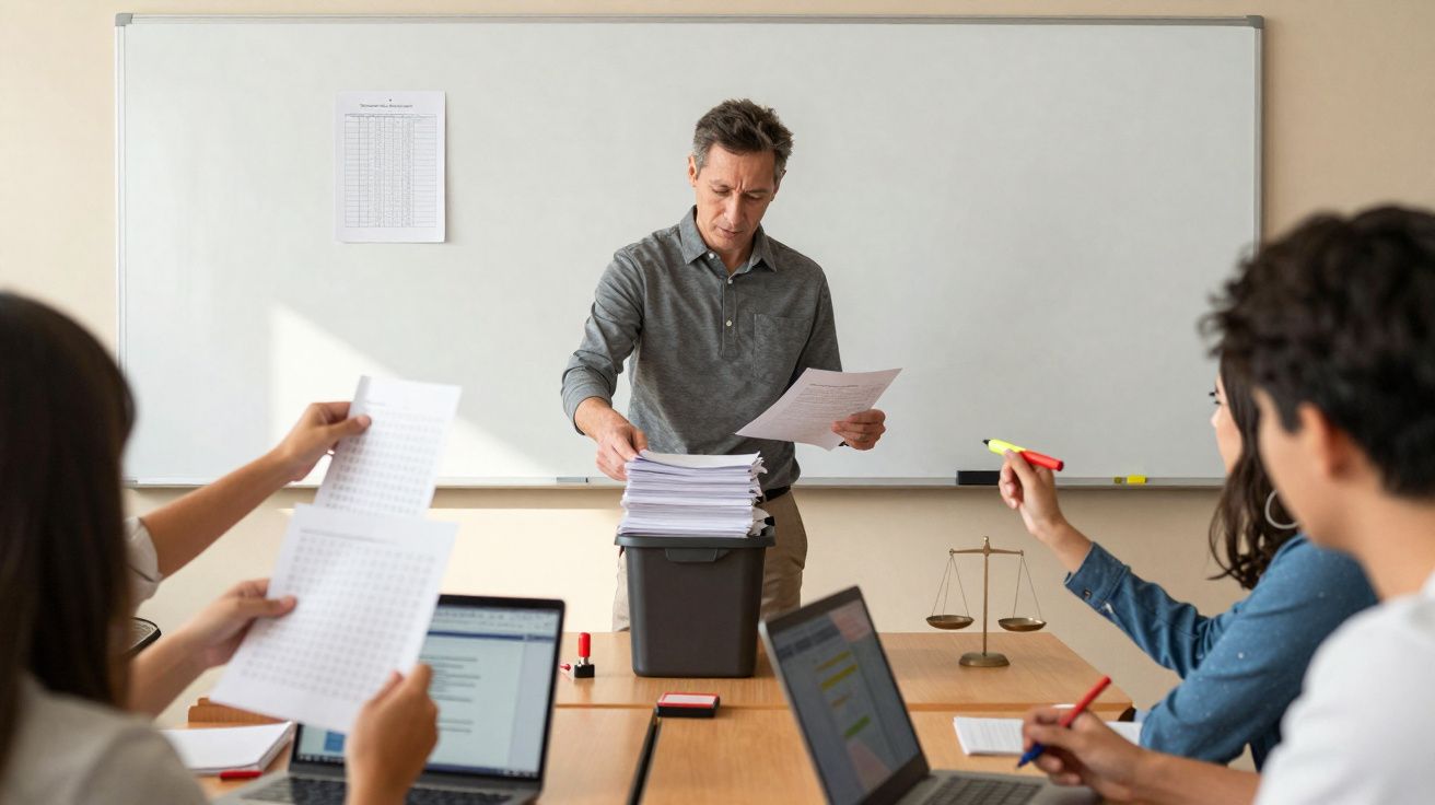 Homem a organizar documentos numa sala de reuniões com várias pessoas sentadas à mesa com computadores.
