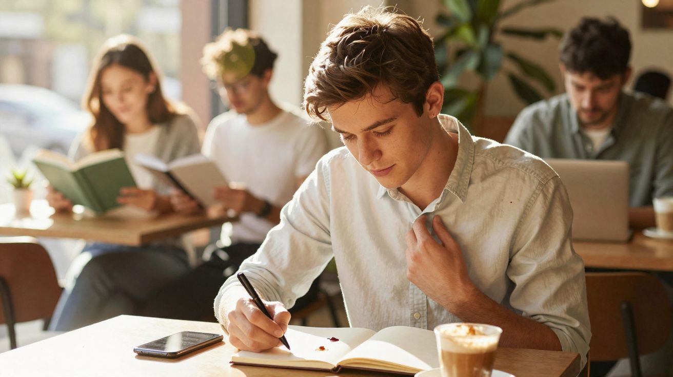 Jovem vestido de branco a escrever num caderno numa mesa com café, pessoas a estudar ao fundo num café.