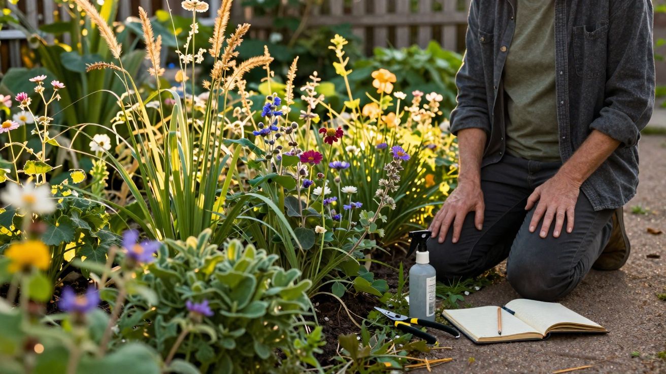 Pessoa ajoelhada junto a uma cama de flores coloridas com livro aberto e ferramentas de jardim.