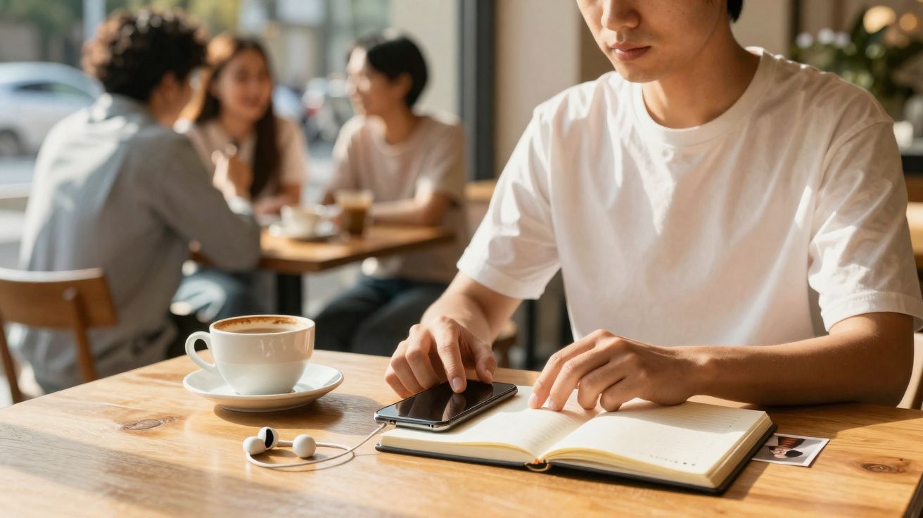 Pessoa a usar telemóvel e consultar caderno numa mesa de café com chávena de café ao lado e grupo ao fundo.