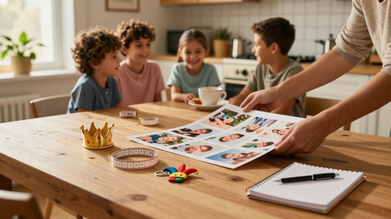 Mesa de madeira com crianças sorrindo, fotos, fita métrica e adereços em sala iluminada.