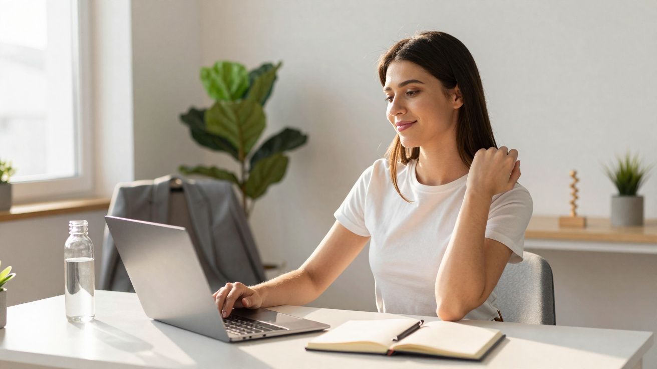 Mulher a trabalhar num portátil com caderno aberto numa mesa luminosa e planta no fundo.