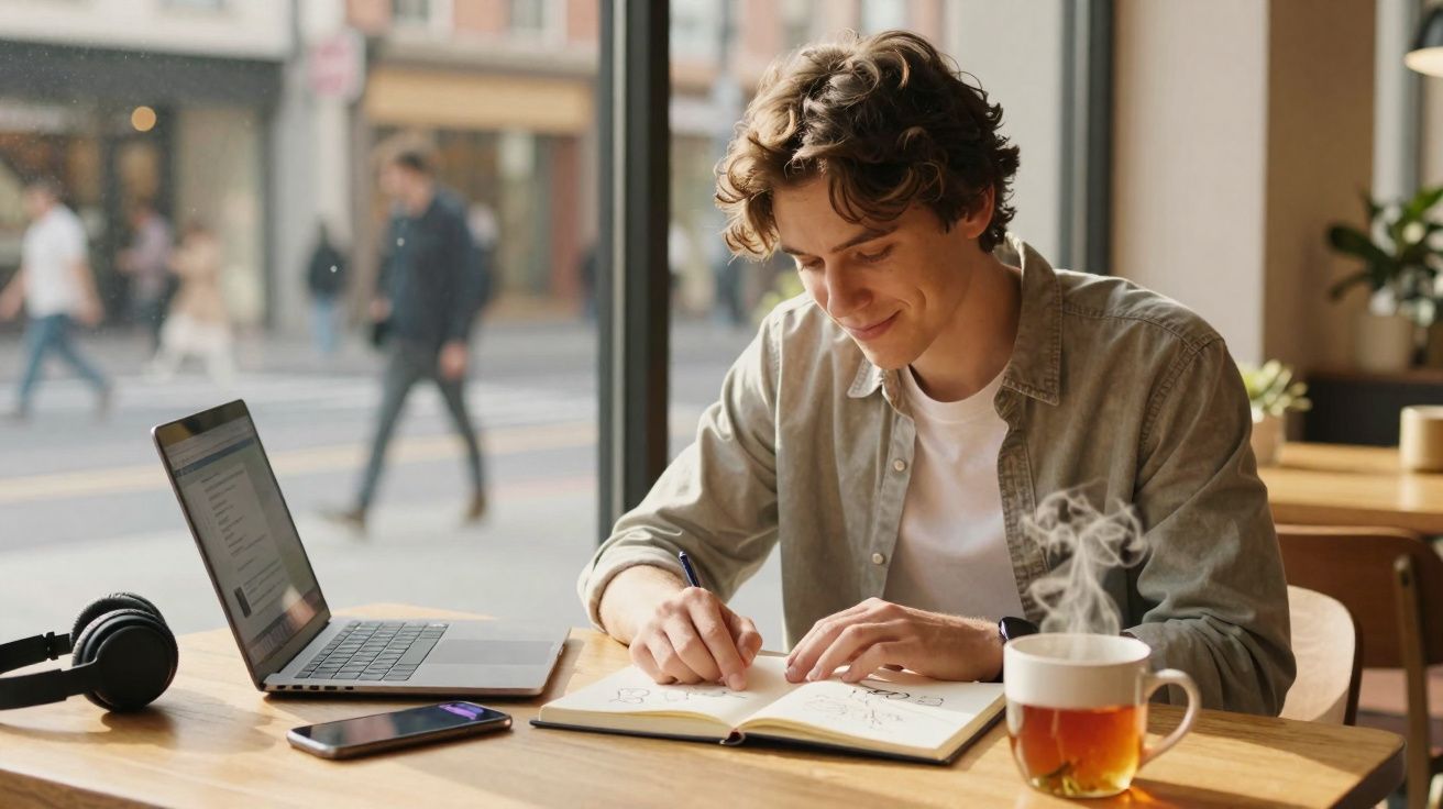 Jovem sentado numa mesa a escrever num caderno, com portátil, auriculares e chá quente ao lado, numa cafetaria.