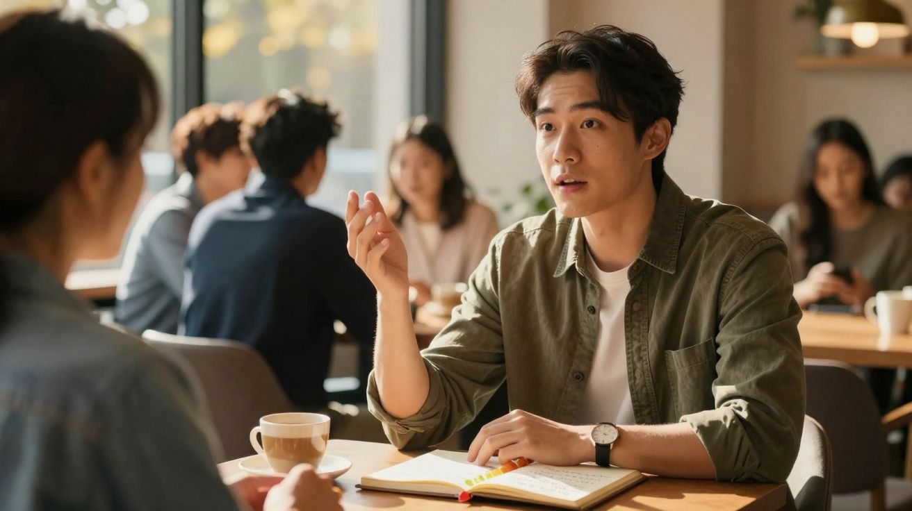 Jovens conversam numa mesa de café com caderno aberto e chá, ambiente caloroso e iluminado.