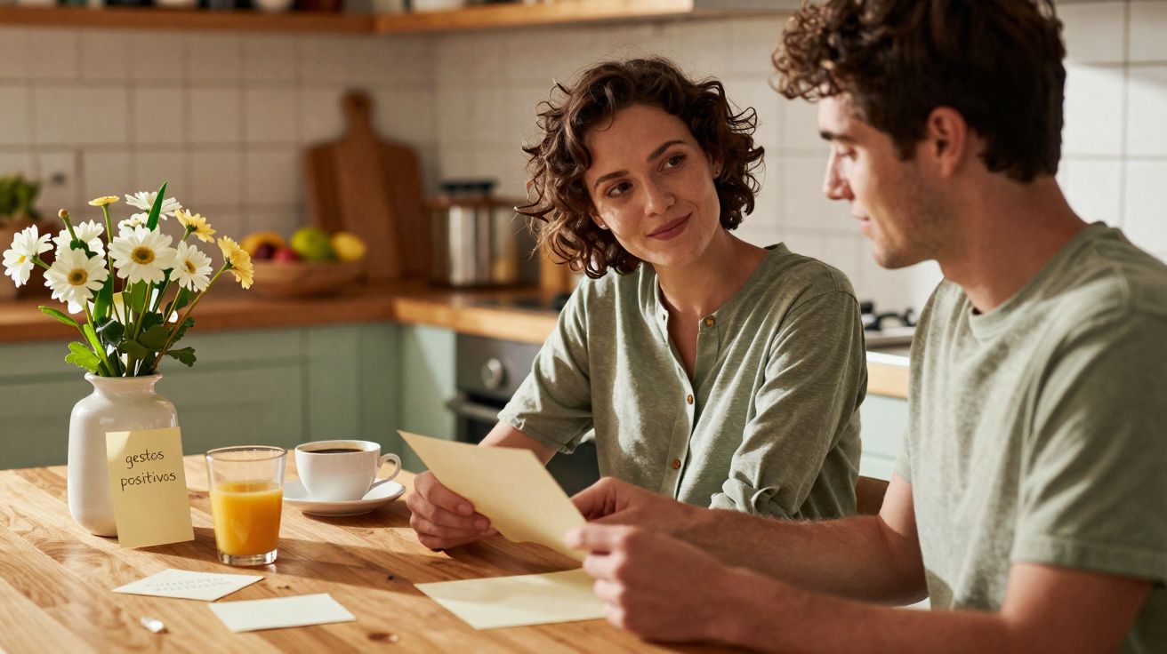 Casal sentado à mesa da cozinha a ler cartas, com vaso de flores e bebida à frente.
