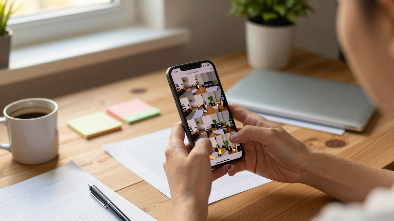 Pessoa a segurar um smartphone com várias imagens a mostrar, sentado numa secretária com café, apontador e plantas.