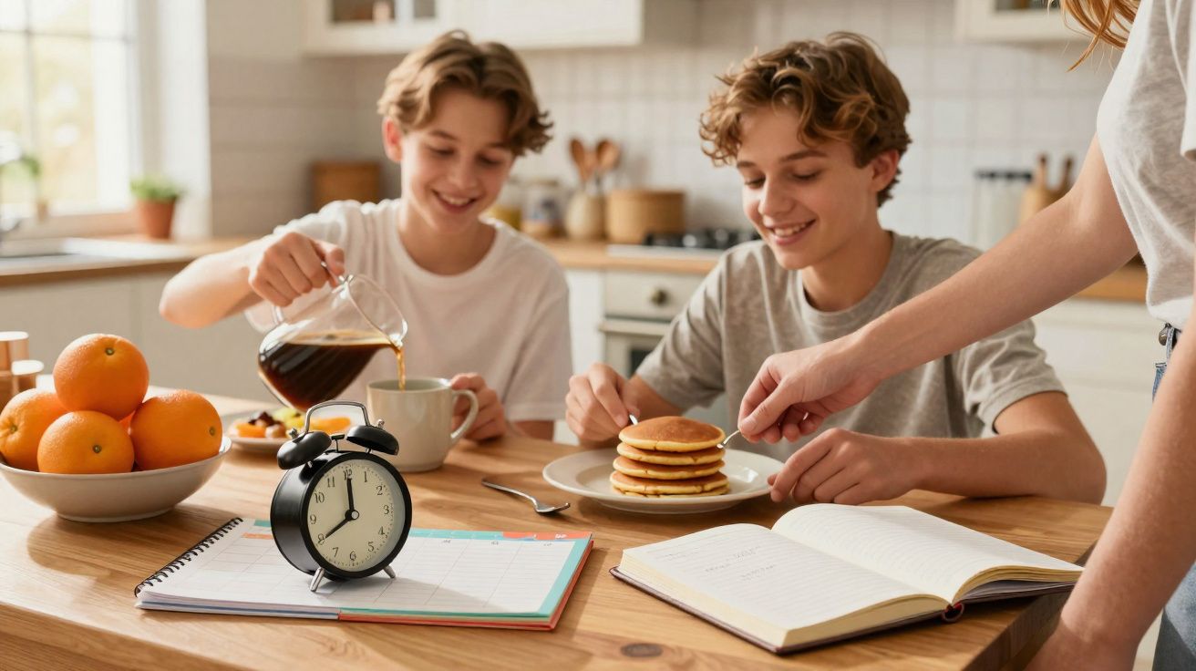 Crianças felizes a tomar pequeno-almoço com panquecas e sumo na cozinha, laboratório e laranjas na mesa.