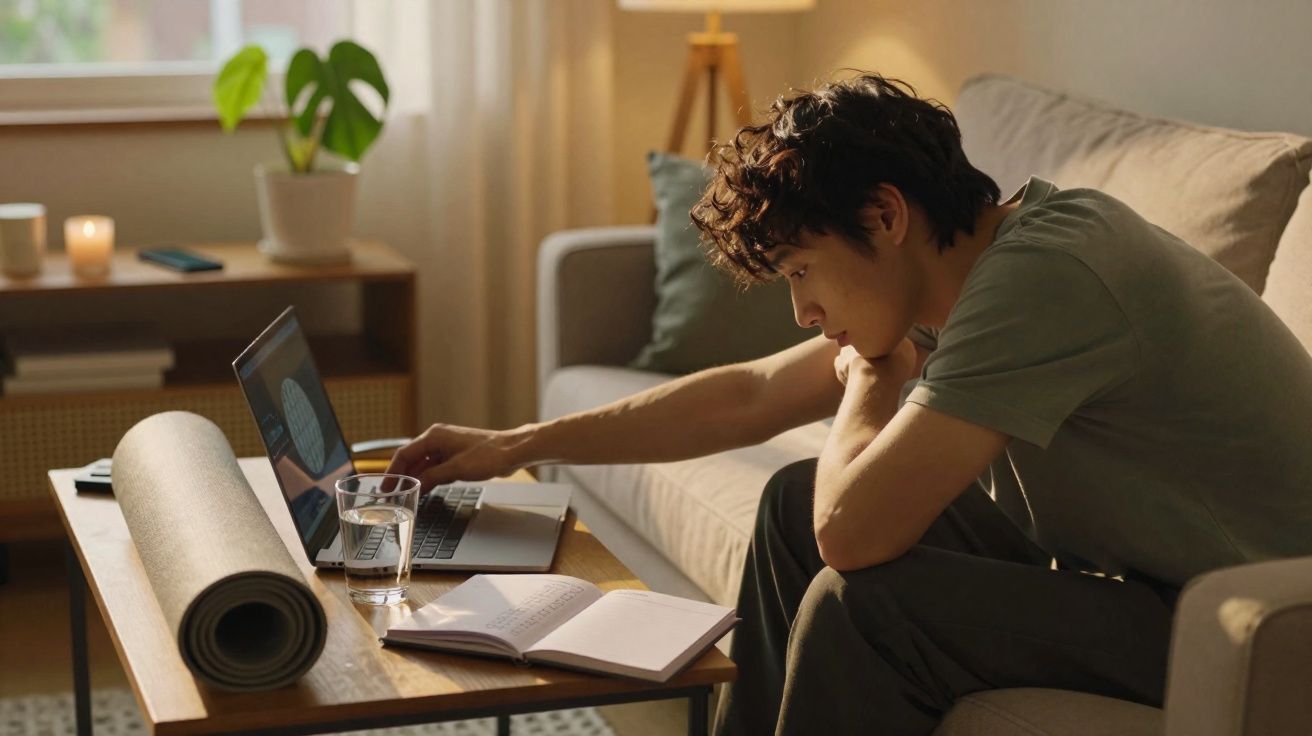 Jovem sentado no sofá a usar portátil, com caderno e rolo de ioga numa mesa de centro ao lado.