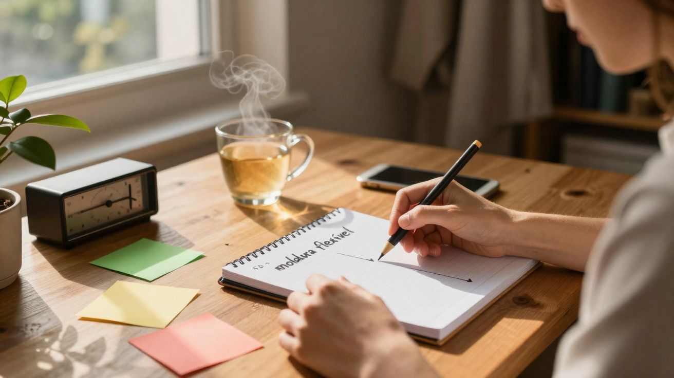 Pessoa a escrever num caderno numa mesa de madeira com chá quente, relógio e folhas coloridas junto à janela.