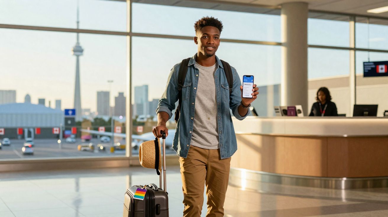 Homem com mochila e mala numa aeroporto a mostrar bilhete eletrónico no telemóvel.
