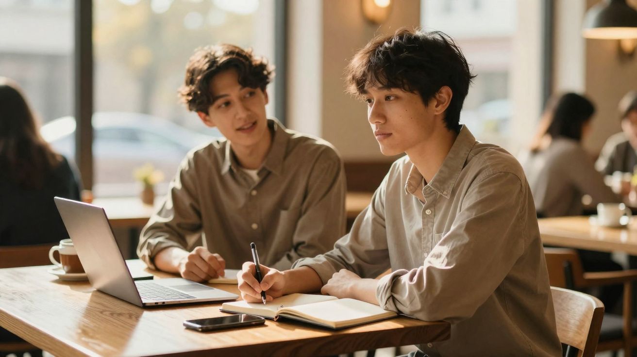 Dois jovens sentados numa mesa de café, um a escrever num caderno e outro a observar com um portátil aberto.