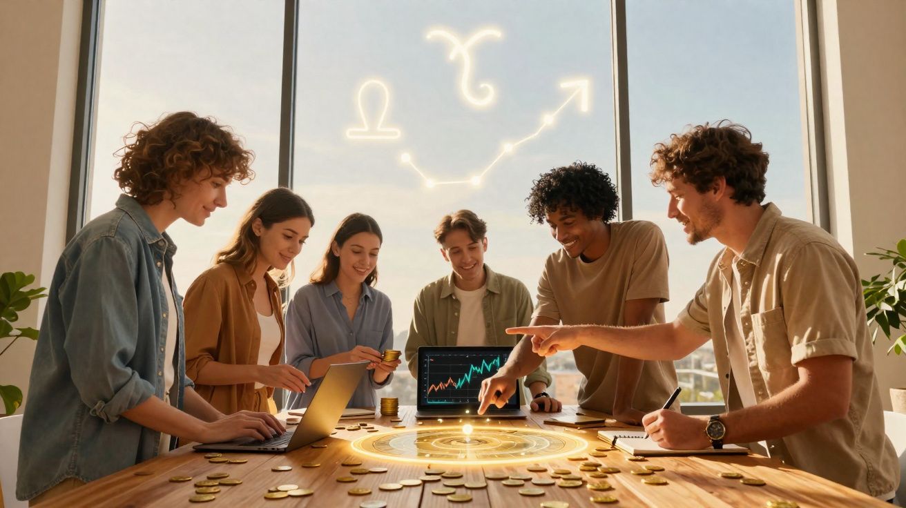 Grupo de jovens numa mesa com símbolos astrológicos e gráficos a interagir e sorrir numa sala iluminada.