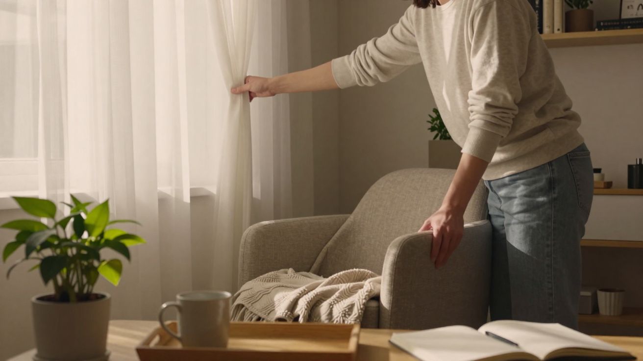 Pessoa a abrir cortinas brancas num ambiente acolhedor com poltrona, manta, planta e mesa com livro aberto.
