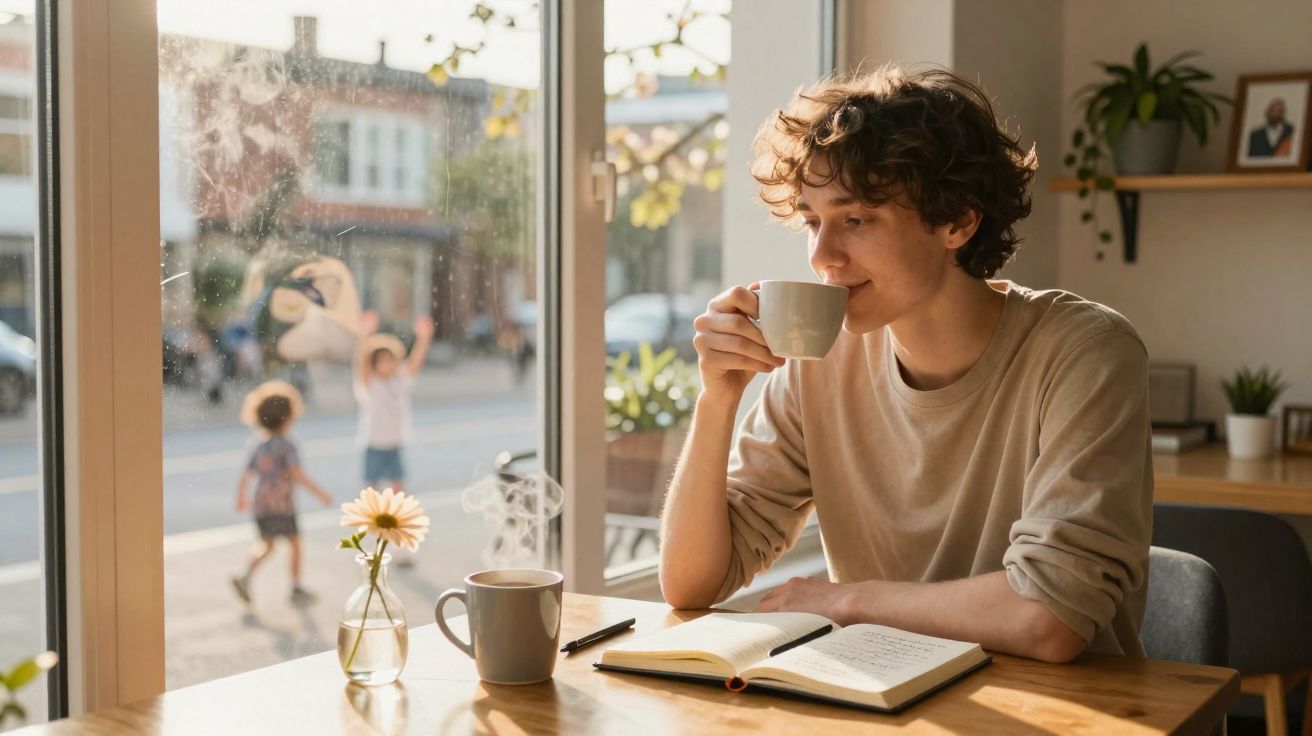 Jovem sentado numa cafeteria a beber café e a ler um caderno perto de uma janela com luz natural.