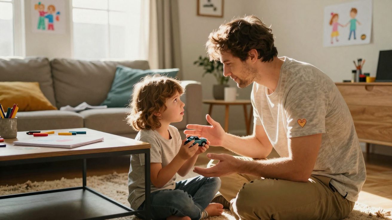 Pai e filho conversam sentados no chão da sala, com brinquedo nas mãos e luz natural a entrar pela janela.