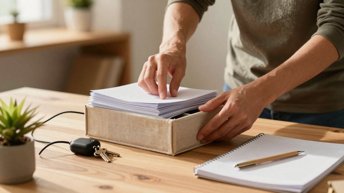 Pessoa a organizar papéis numa caixa em cima de uma mesa de madeira com bloco de notas, caneta e chave.
