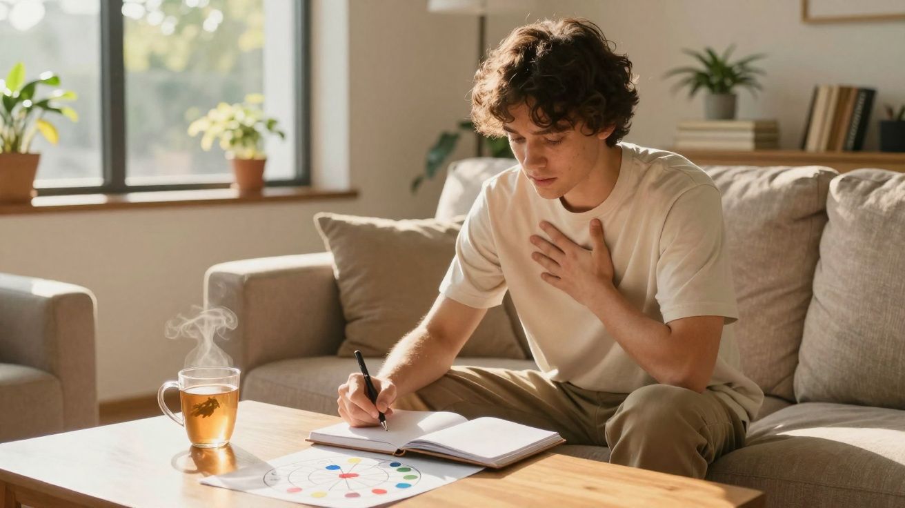 Jovem sentado no sofá a escrever num caderno com uma chávena de chá quente numa mesa à sua frente.