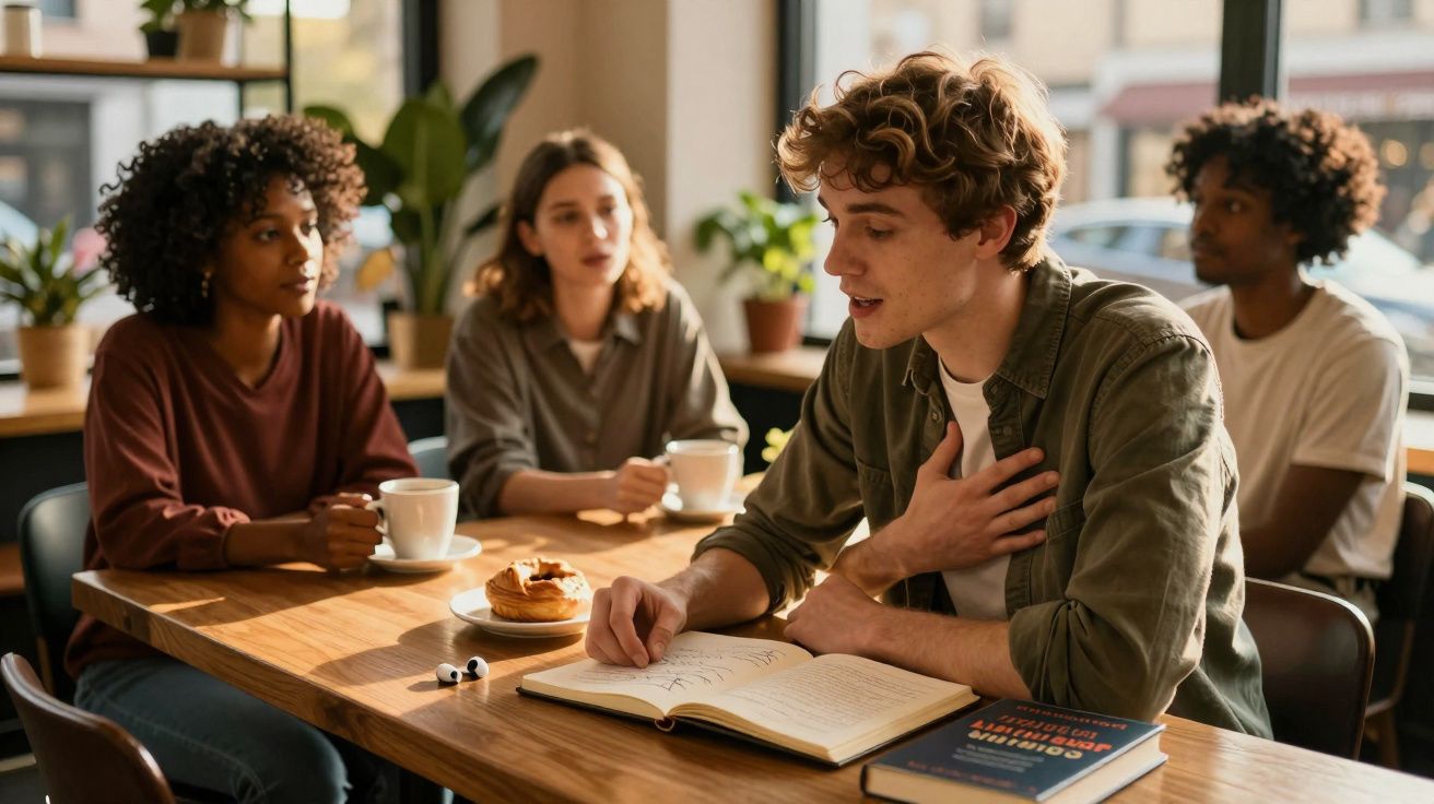 Jovem a ler em voz alta para grupo num café, enquanto todos ouvem atentamente.