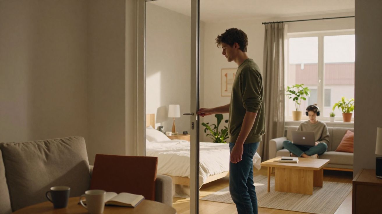 Homem abre porta deslizante para quarto, enquanto outra pessoa usa computador numa sala iluminada.