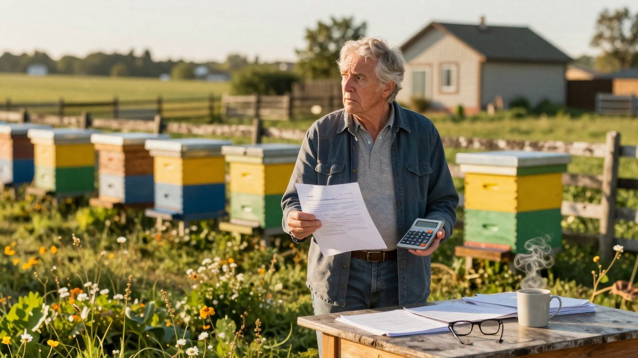 Homem idoso com documentos e calculadora junto a colmeias coloridas num campo rural ao pôr do sol.