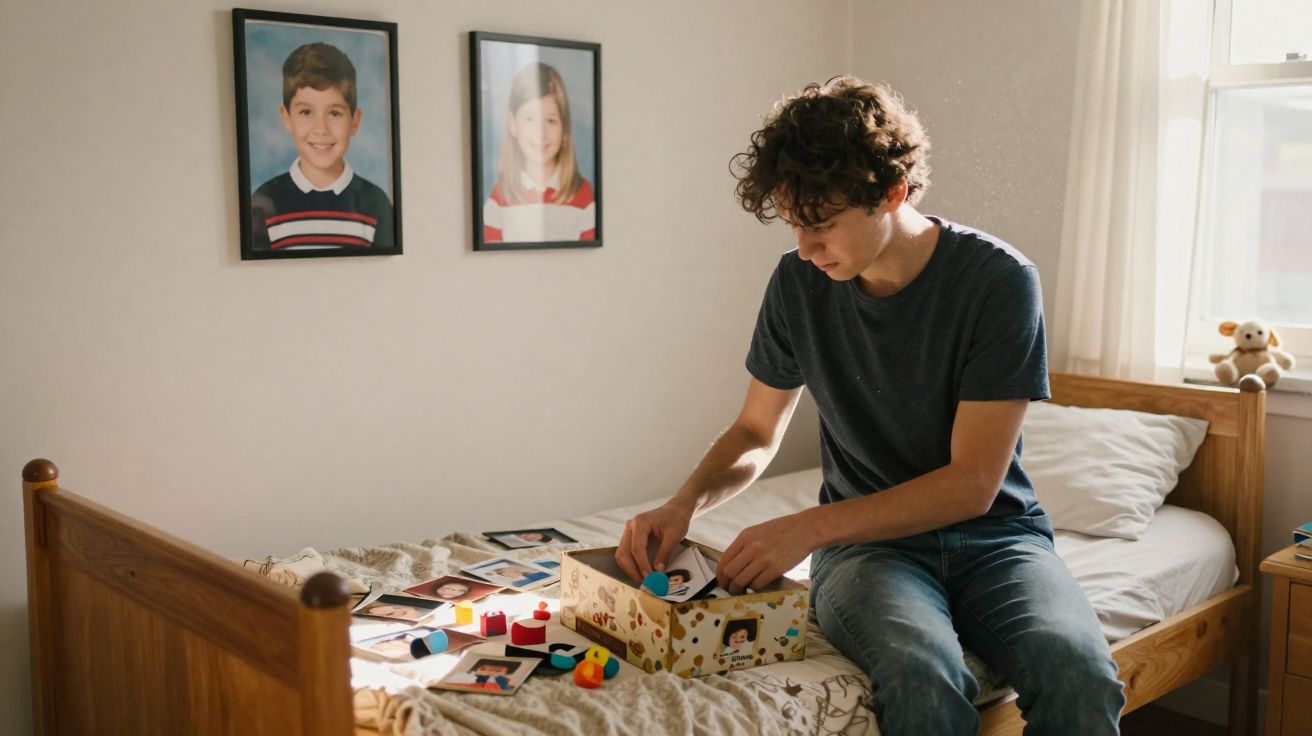 Jovem sentado numa cama a olhar para uma caixa e fotografias espalhadas, com retratos infantis na parede.