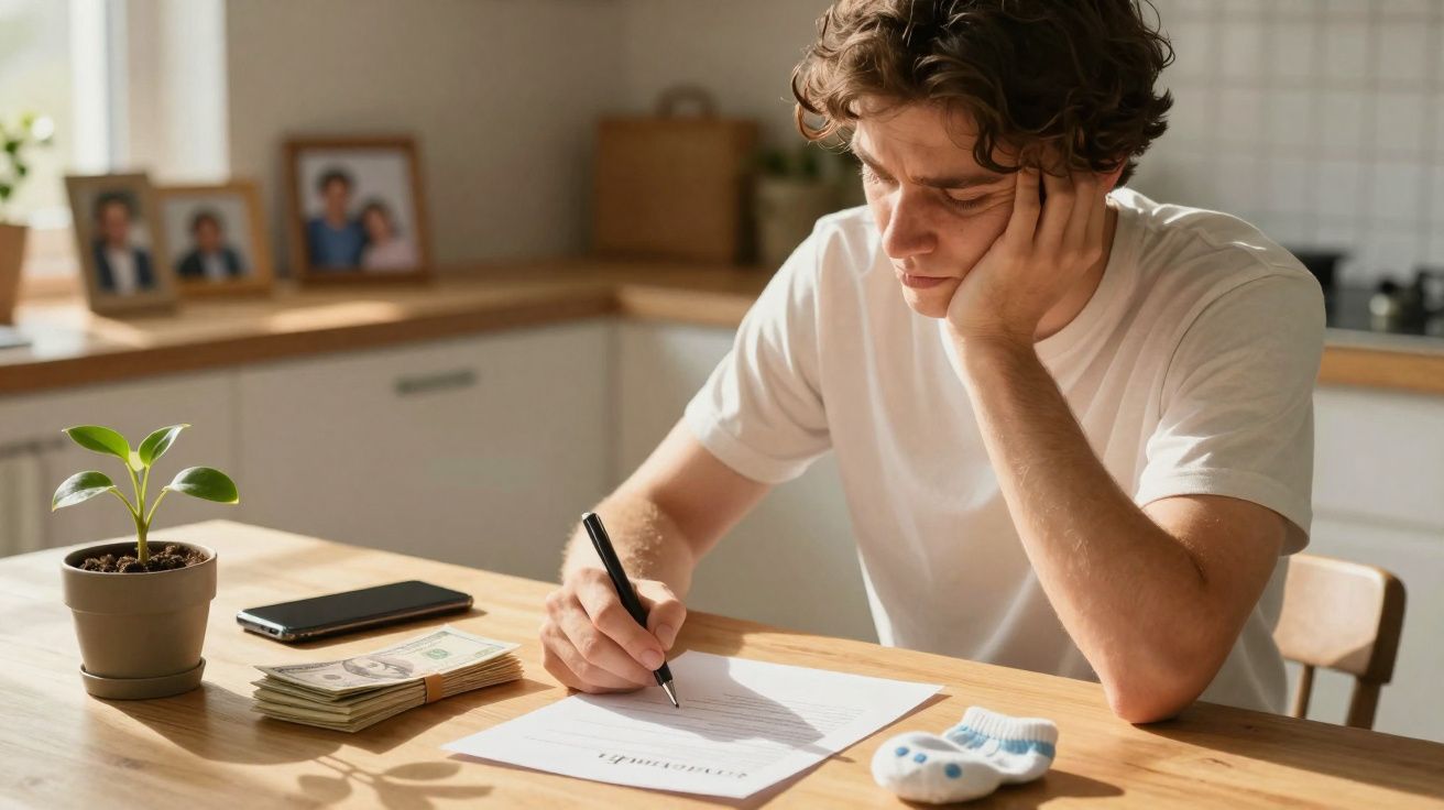 Homem jovem sentado à mesa a preencher documento financeiro, com notas, telemóvel, planta e sapatinhos de bebé.