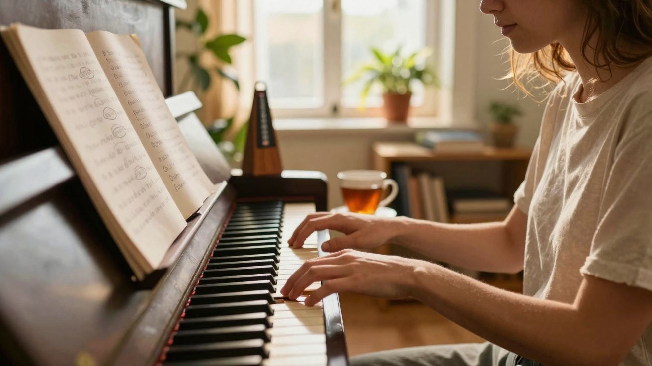 Pessoa a tocar piano com partitura aberta e xícara numa sala iluminada por luz natural.