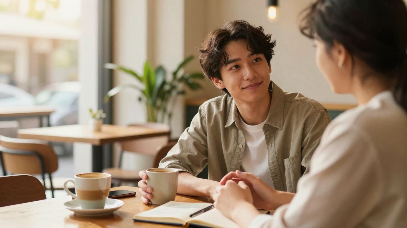 Jovem conversando com mulher num café, com duas bebidas e um caderno aberto em cima da mesa.