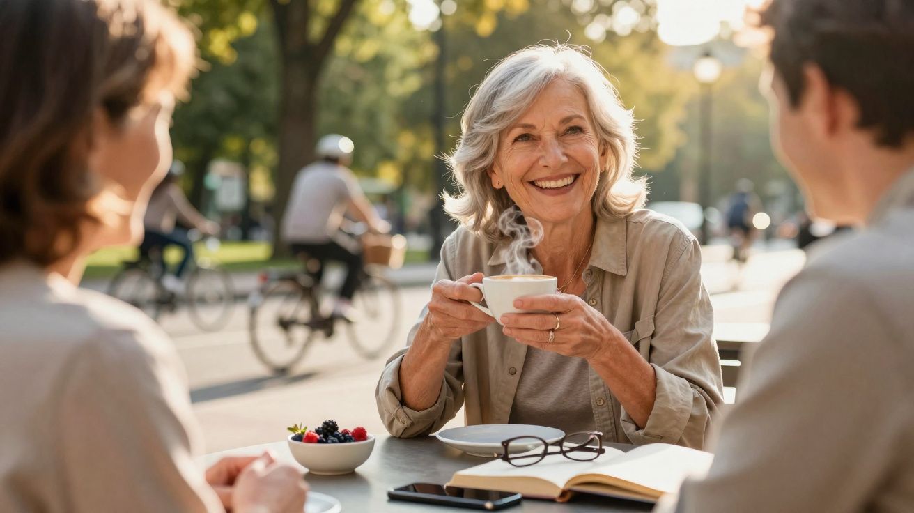 Mulher sorridente de cabelos grisalhos a beber café ao ar livre com amigos num dia ensolarado.