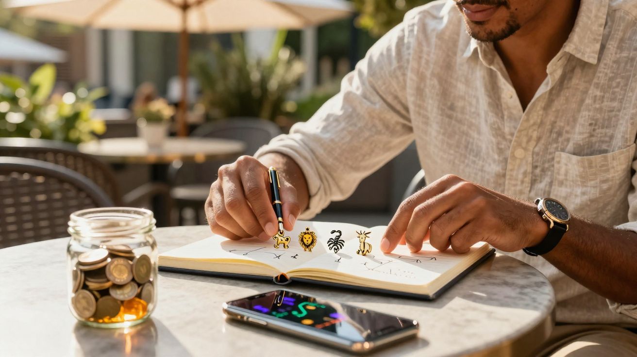 Homem a desenhar animais num caderno numa mesa com telemóvel e frasco com moedas ao lado.