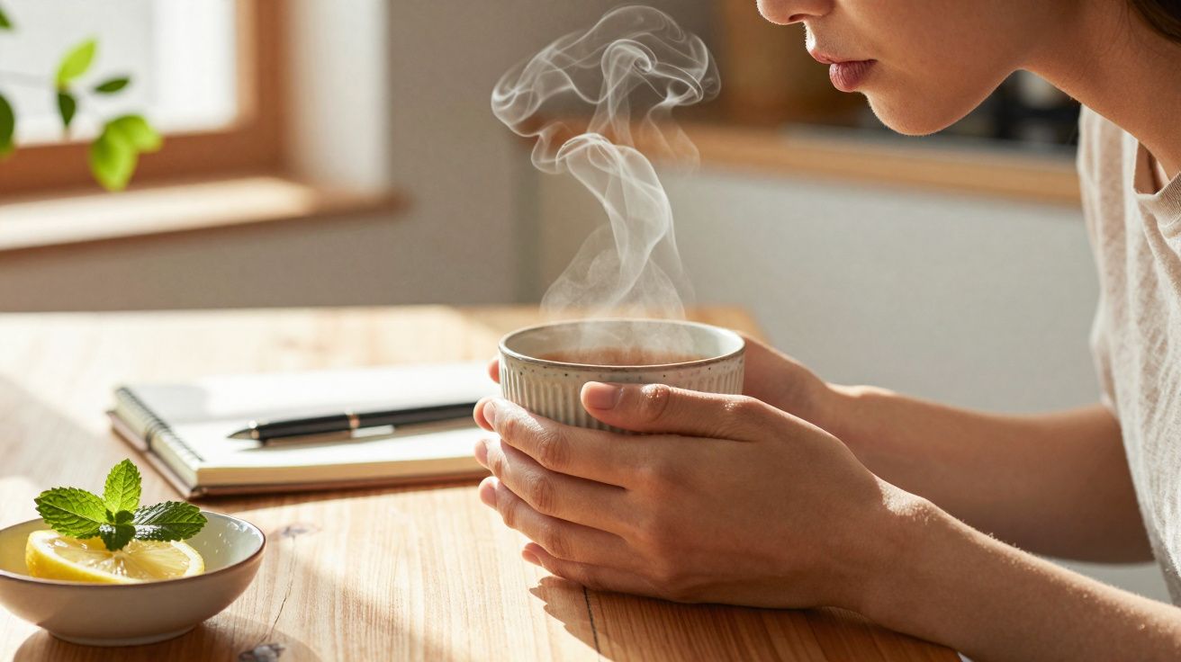 Pessoa a segurar uma chávena de chá quente com vapor, ao lado de um caderno e fatias de limão com hortelã.