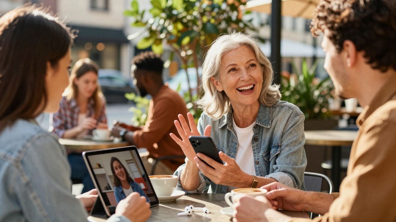 Grupo de pessoas num café com uma senhora sorridente a usar telemóvel e amigos à volta, incluindo videochamada num tablet.
