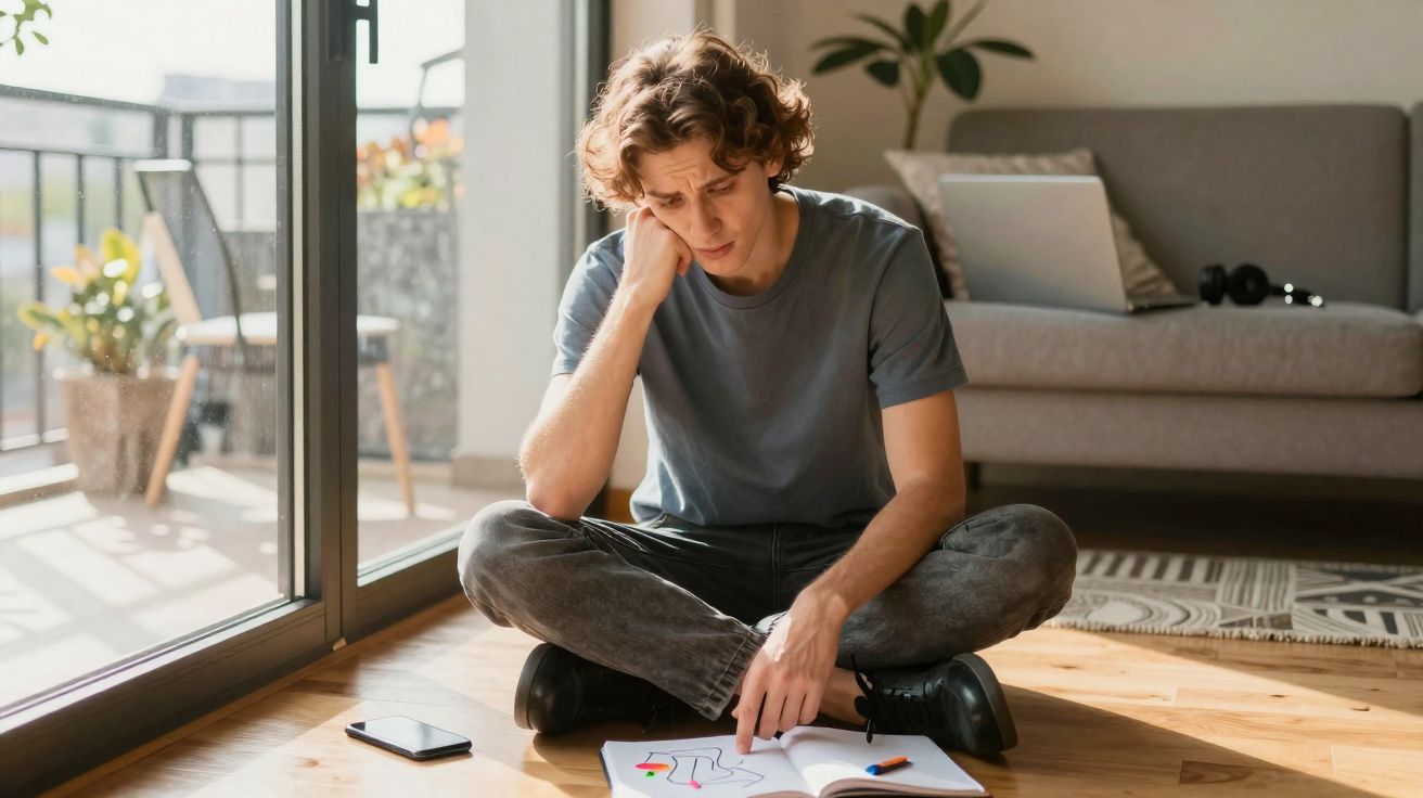 Homem sentado no chão, pensativo, olhando para desenhos coloridos num caderno, junto a uma varanda luminosa.