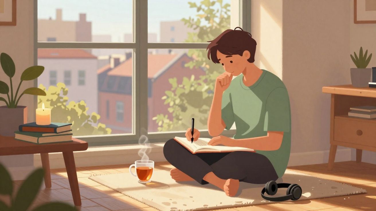 Jovem sentado no chão a escrever num caderno, com chá quente, auscultadores e vela num ambiente acolhedor.