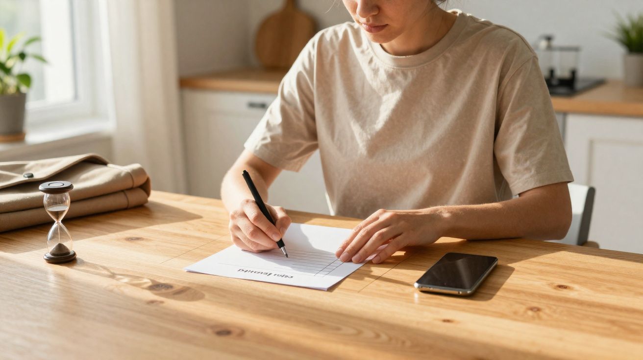 Mulher escrevendo uma carta ou documento à mesa com telemóvel e ampulheta ao lado.