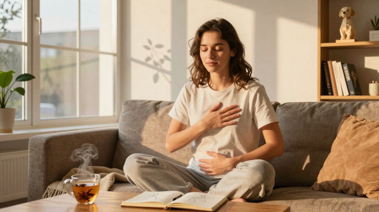 Mulher sentada de pernas cruzadas no sofá a praticar meditação com chá e livro numa mesa à frente.