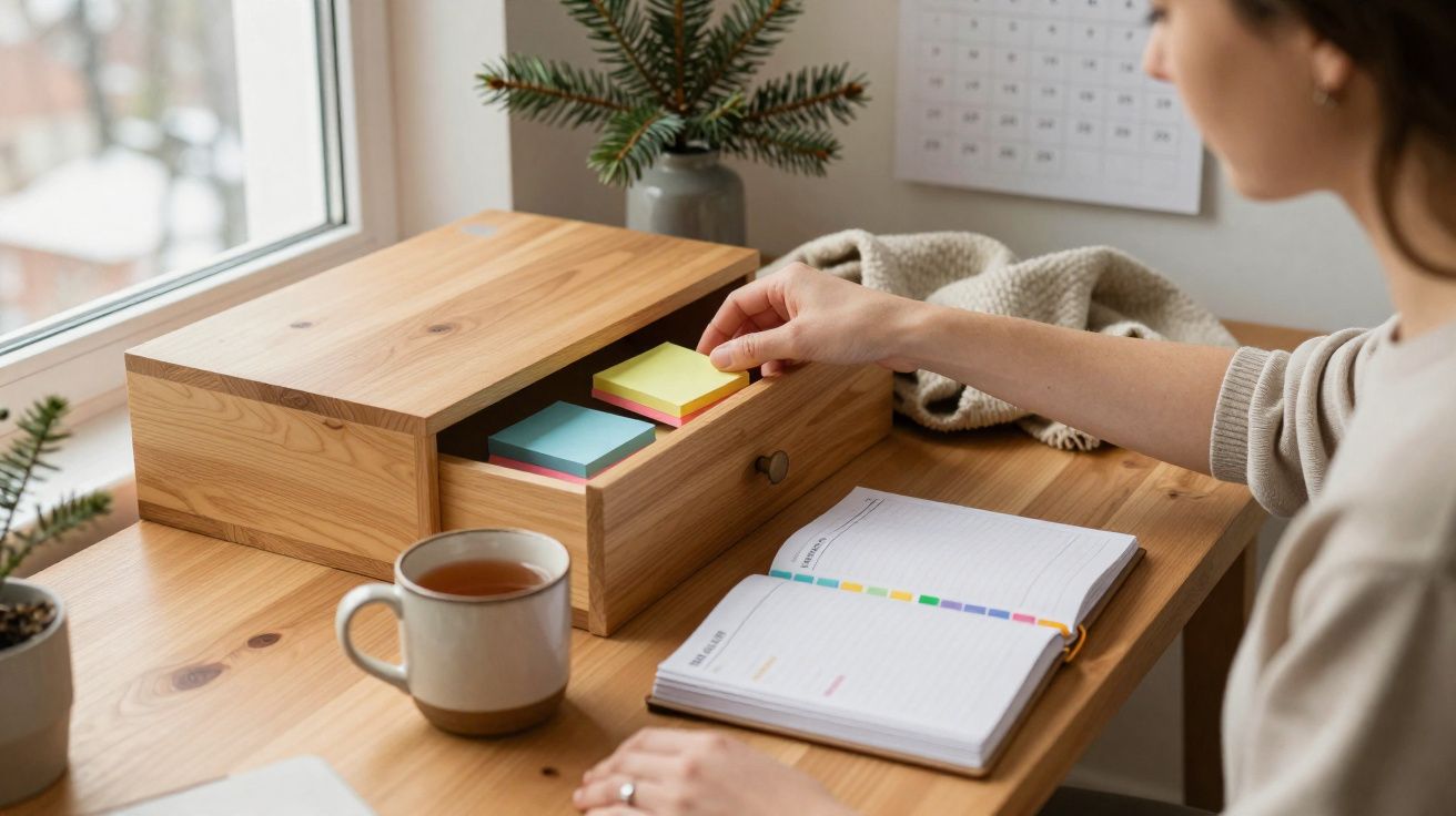 Pessoa a organizar blocos de notas coloridos numa gaveta de madeira junto a uma agenda e chá numa mesa.