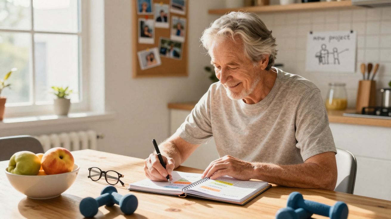Homem idoso sentado à mesa a escrever num caderno, com halteres e fruta ao lado, em ambiente de cozinha iluminada.