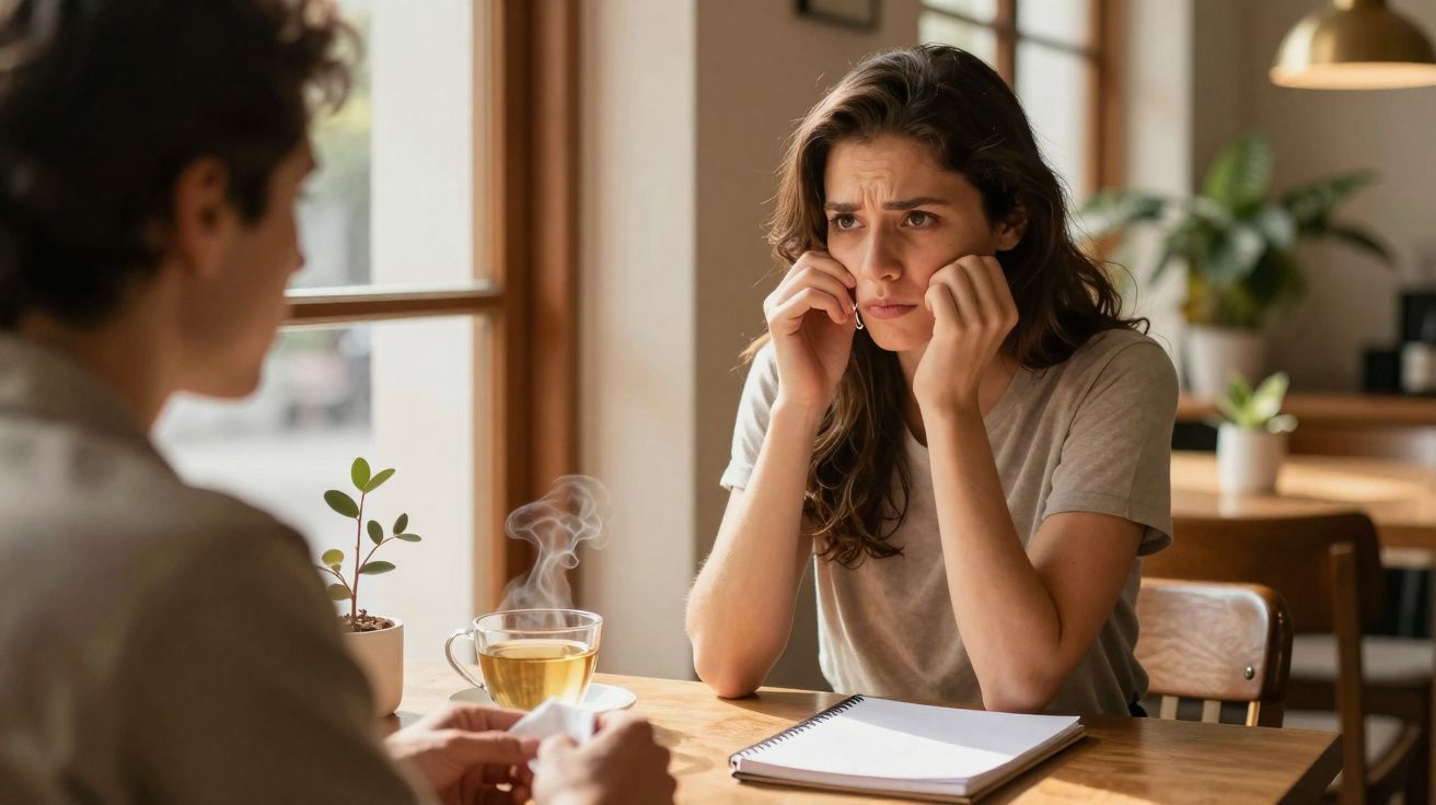 Mulher com expressão preocupada sentada à mesa com caderno e chá quente a conversar com outra pessoa.