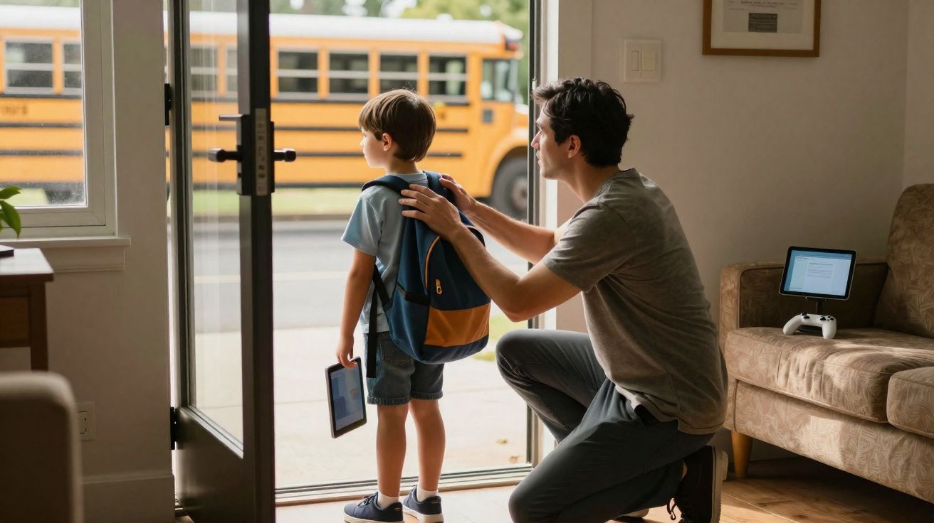 Pai ajoelhado a despedir-se do filho com mochila na porta, autocarro escolar amarelo ao fundo.