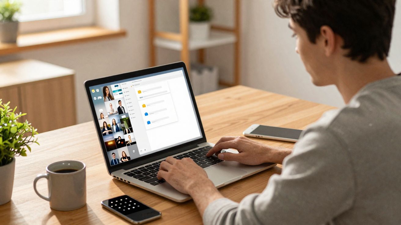 Pessoa a participar numa videoconferência e a usar computador portátil numa mesa com chávena e telemóvel.