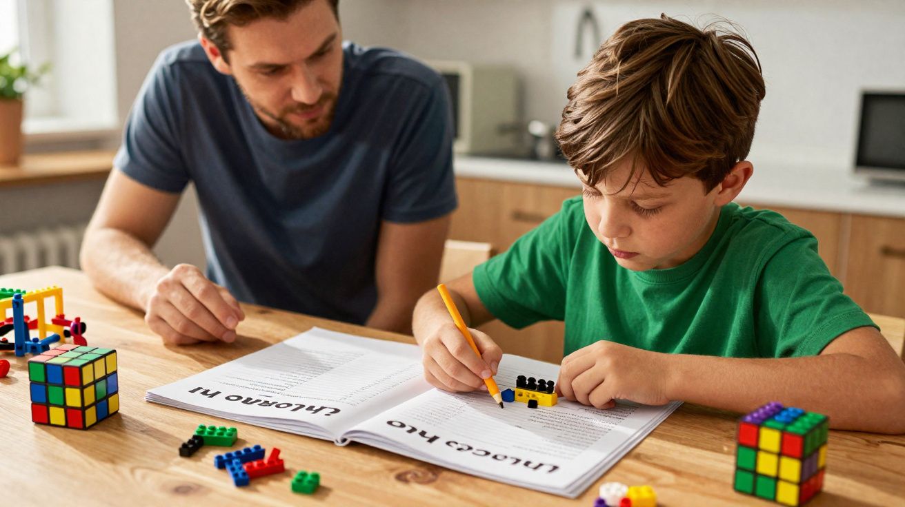 Criança a fazer lição acompanhado por adulto numa mesa com blocos de construção e cubos mágicos.