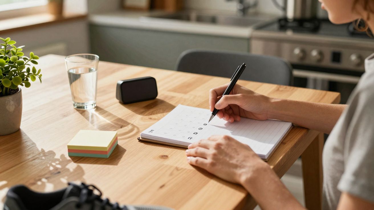 Pessoa a escrever um calendário ou agenda numa mesa de cozinha com copo de água e bloco de notas.