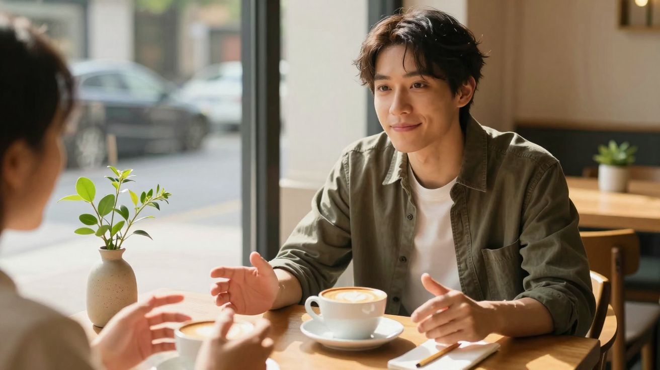 Homem e mulher sentados numa mesa de café, a conversar e a beber café, com uma planta ao centro da mesa.