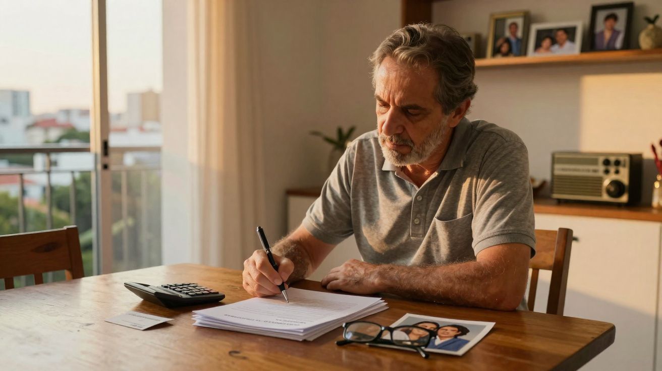 Homem maduro sentado à mesa em casa a assinar documentos com calculadora e fotografias perto.