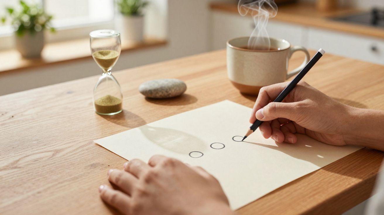 Mãos desenhando círculos num papel ao lado de um relógio de areia, pedra e chá quente a fumegar.