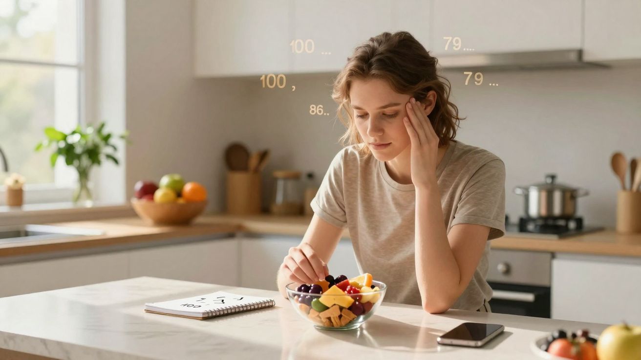 Jovem sentada à mesa na cozinha, olhando para taça de fruta com expressão pensativa.
